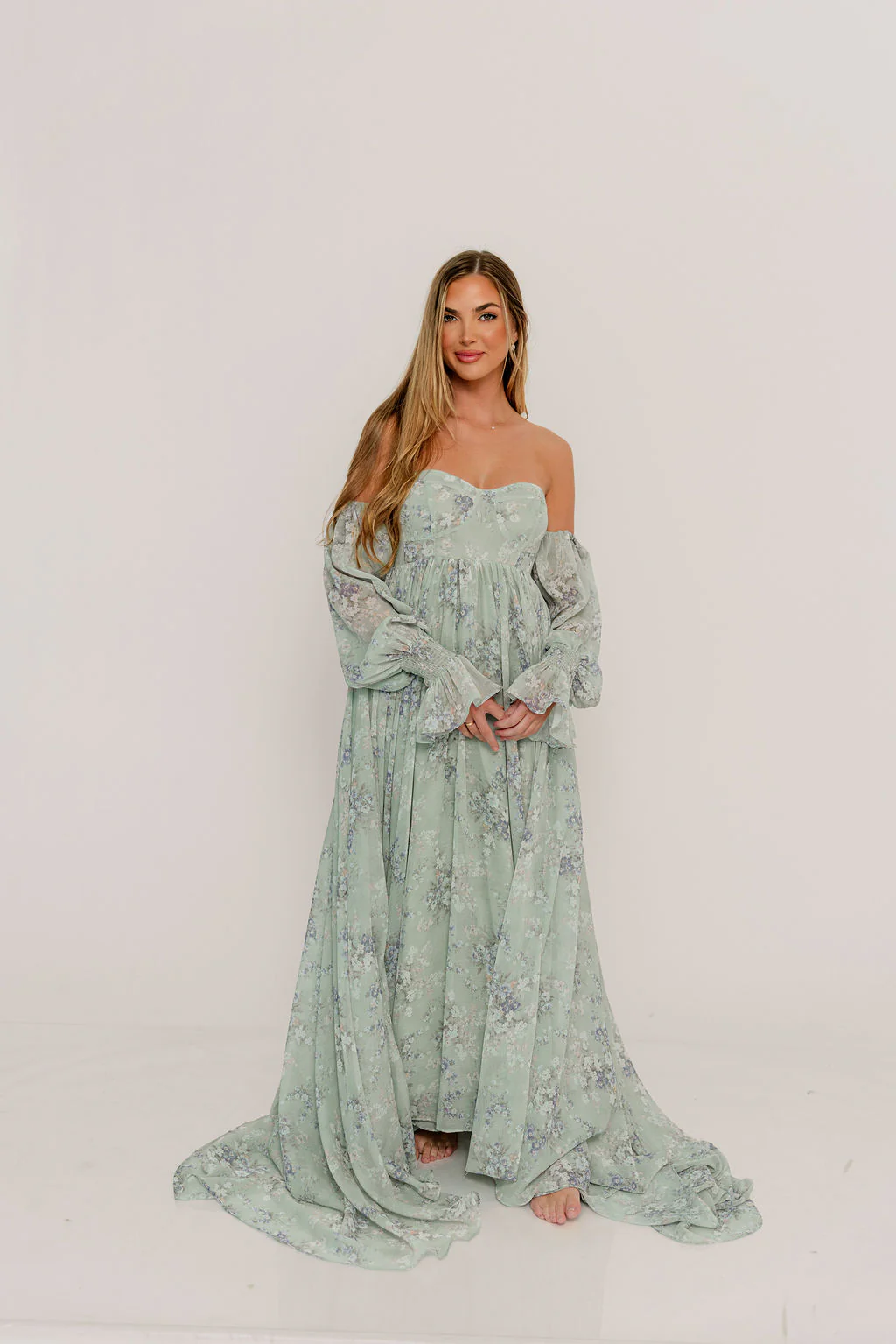 Delilah Maxi Dress with Train in Muted Sage Floral - Bump Friendly - Image 31