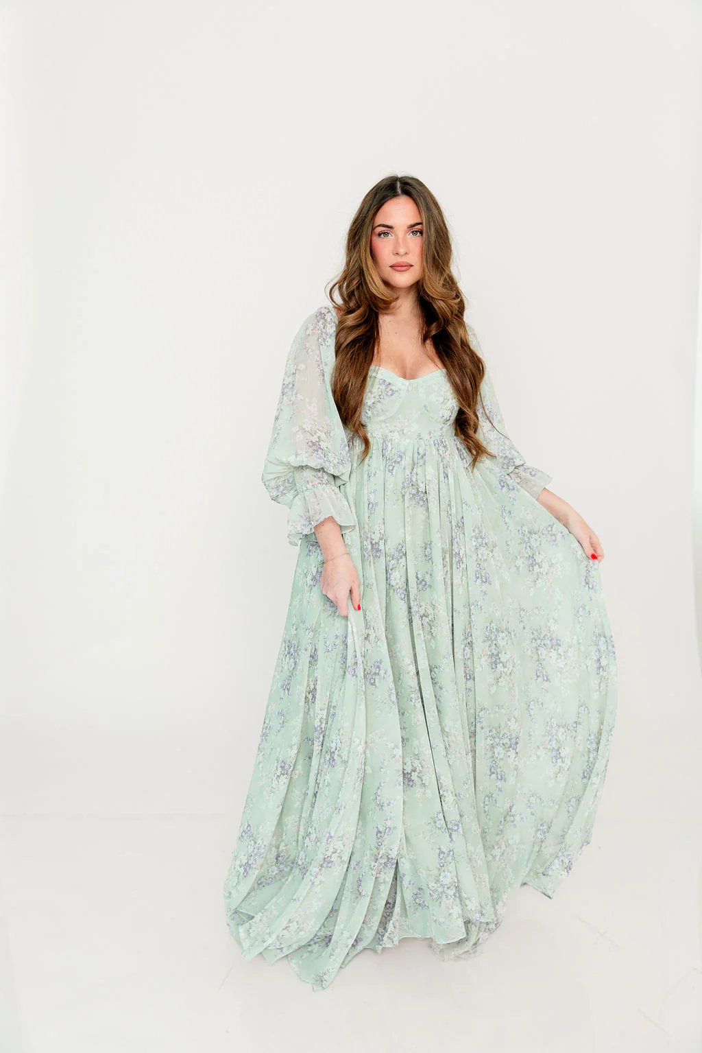 Delilah Maxi Dress with Train in Muted Sage Floral - Bump Friendly - Image 40