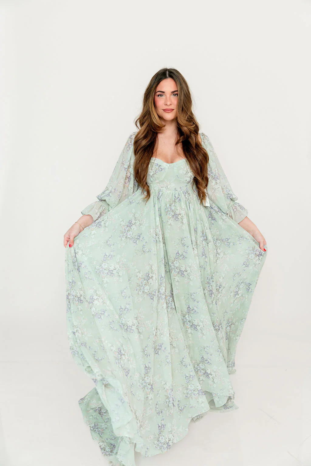 Delilah Maxi Dress with Train in Muted Sage Floral - Bump Friendly - Image 41
