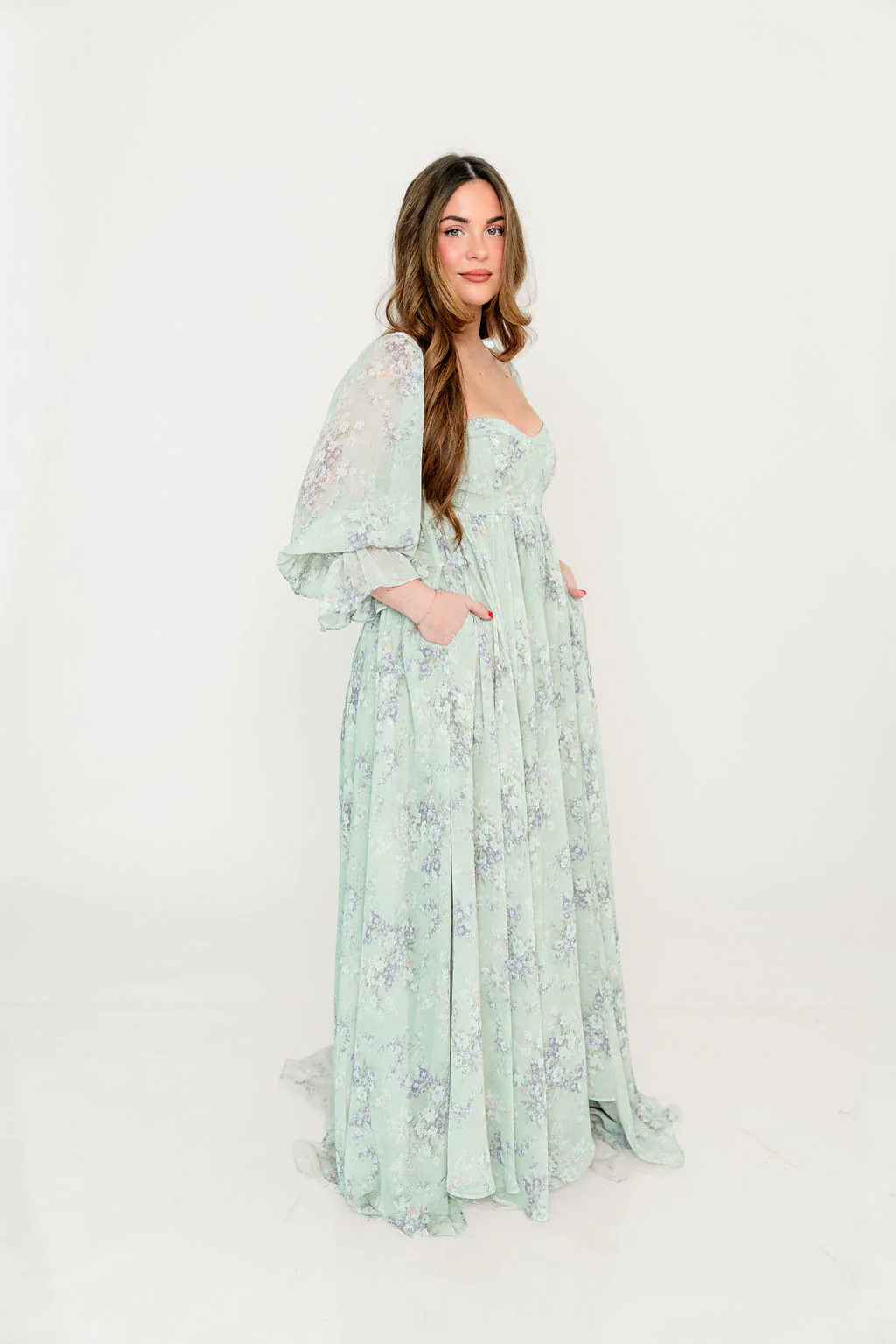 Delilah Maxi Dress with Train in Muted Sage Floral - Bump Friendly - Image 44