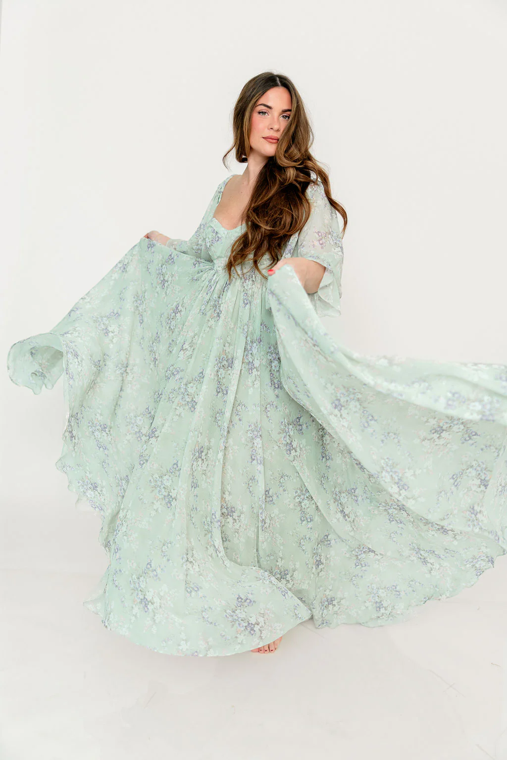 Delilah Maxi Dress with Train in Muted Sage Floral - Bump Friendly - Image 46