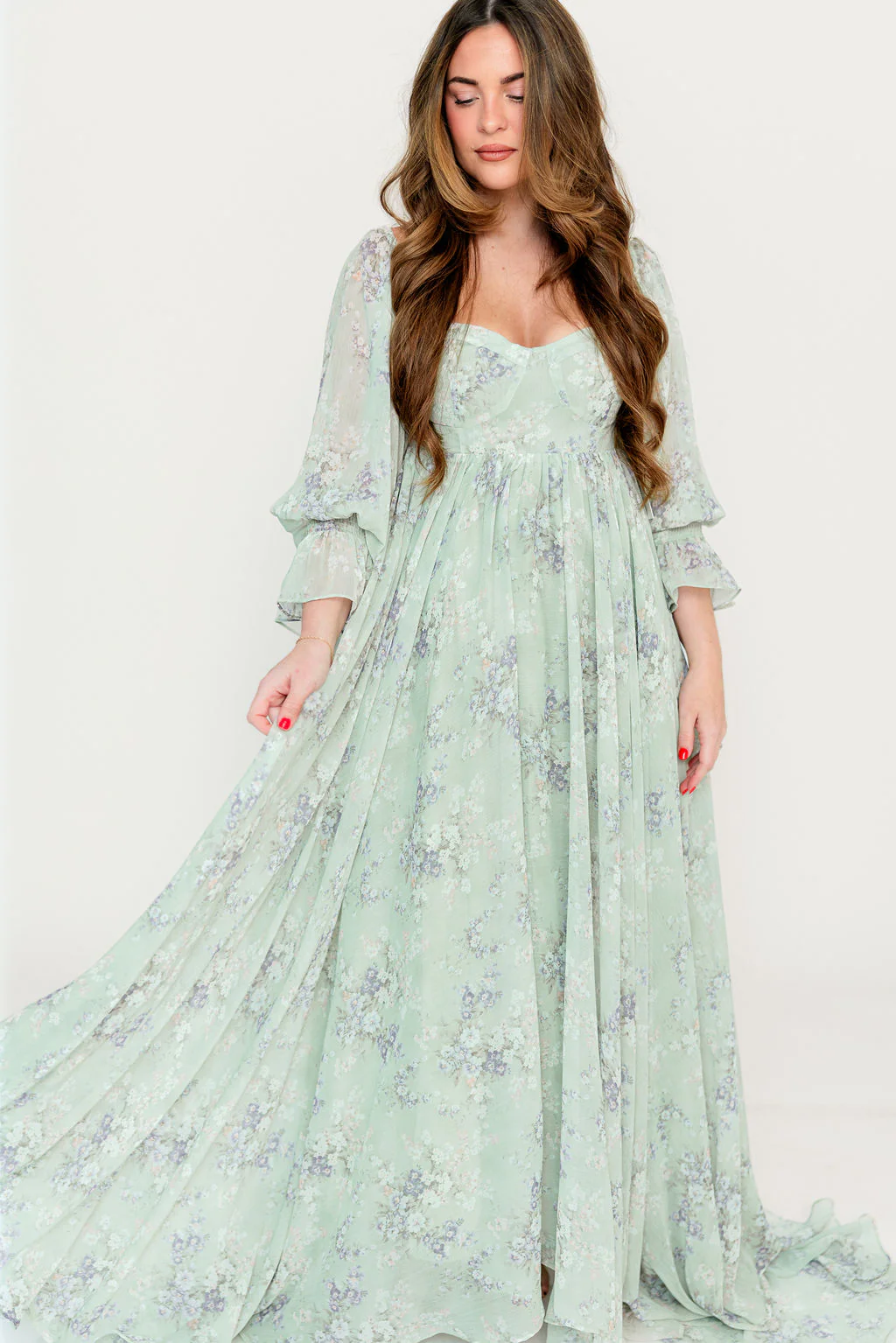 Delilah Maxi Dress with Train in Muted Sage Floral - Bump Friendly - Image 8