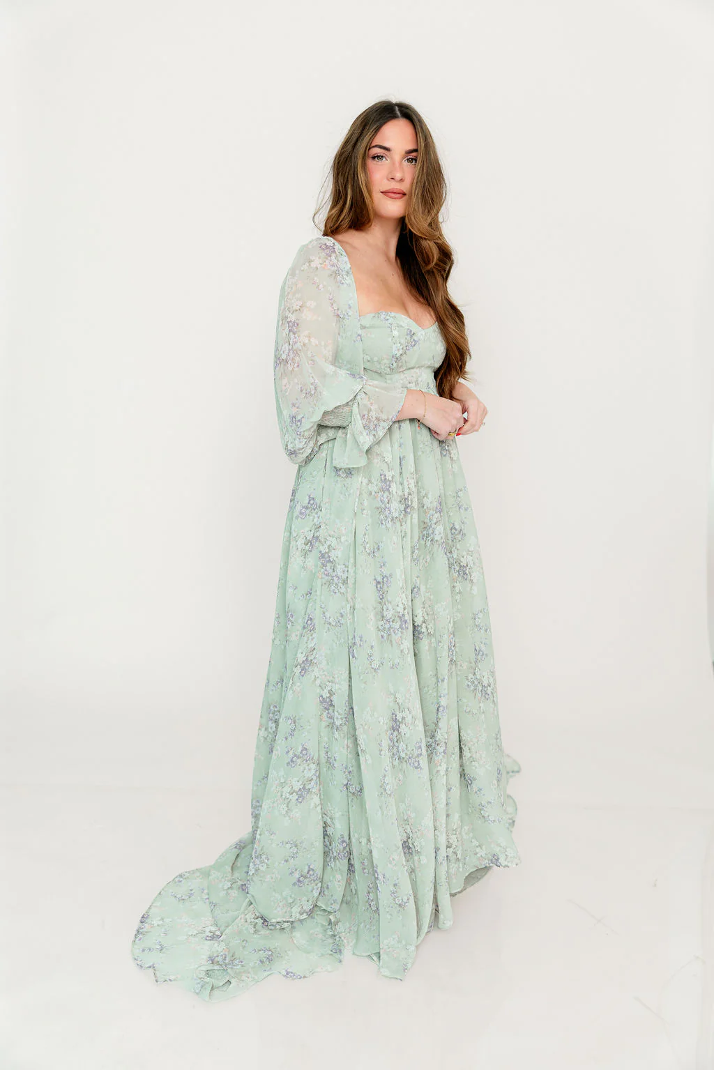 Delilah Maxi Dress with Train in Muted Sage Floral - Bump Friendly - Image 9