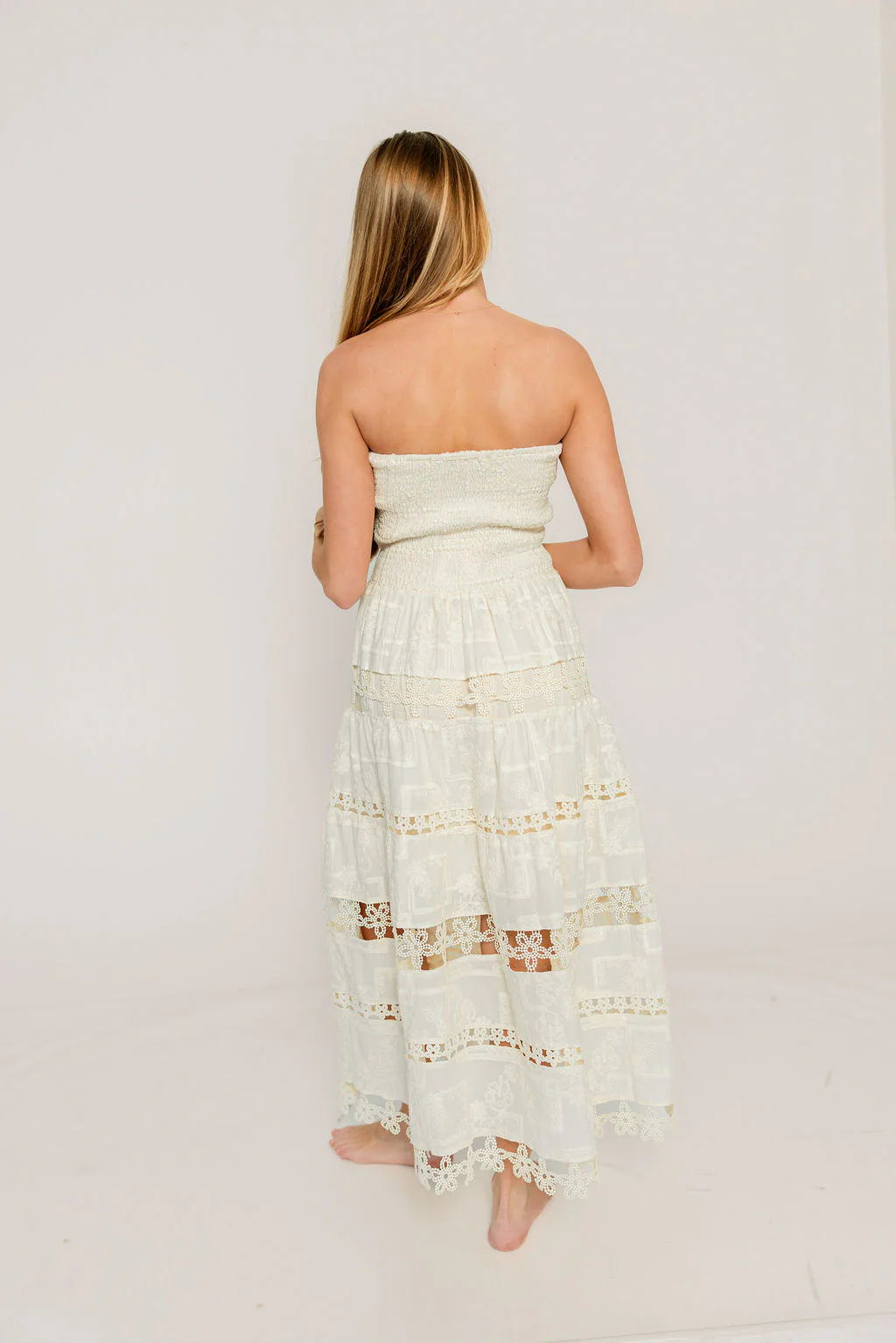 Dianne Cotton Embroidered Patchwork Lace Tube Maxi Dress in Ecru - Image 3