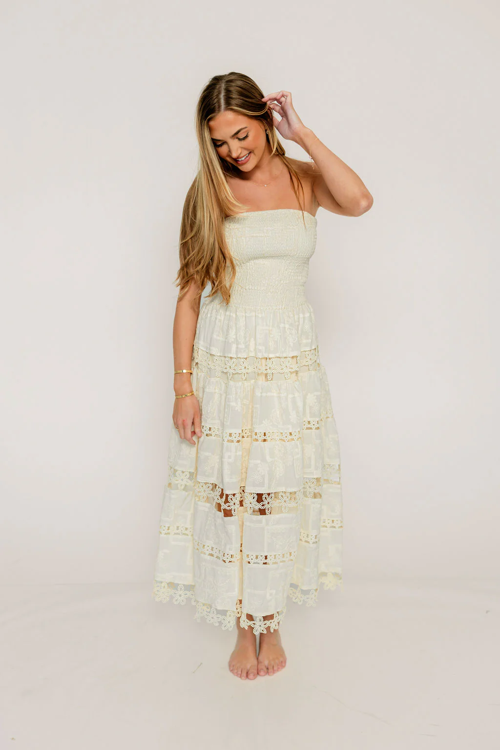 Dianne Cotton Embroidered Patchwork Lace Tube Maxi Dress in Ecru - Image 5