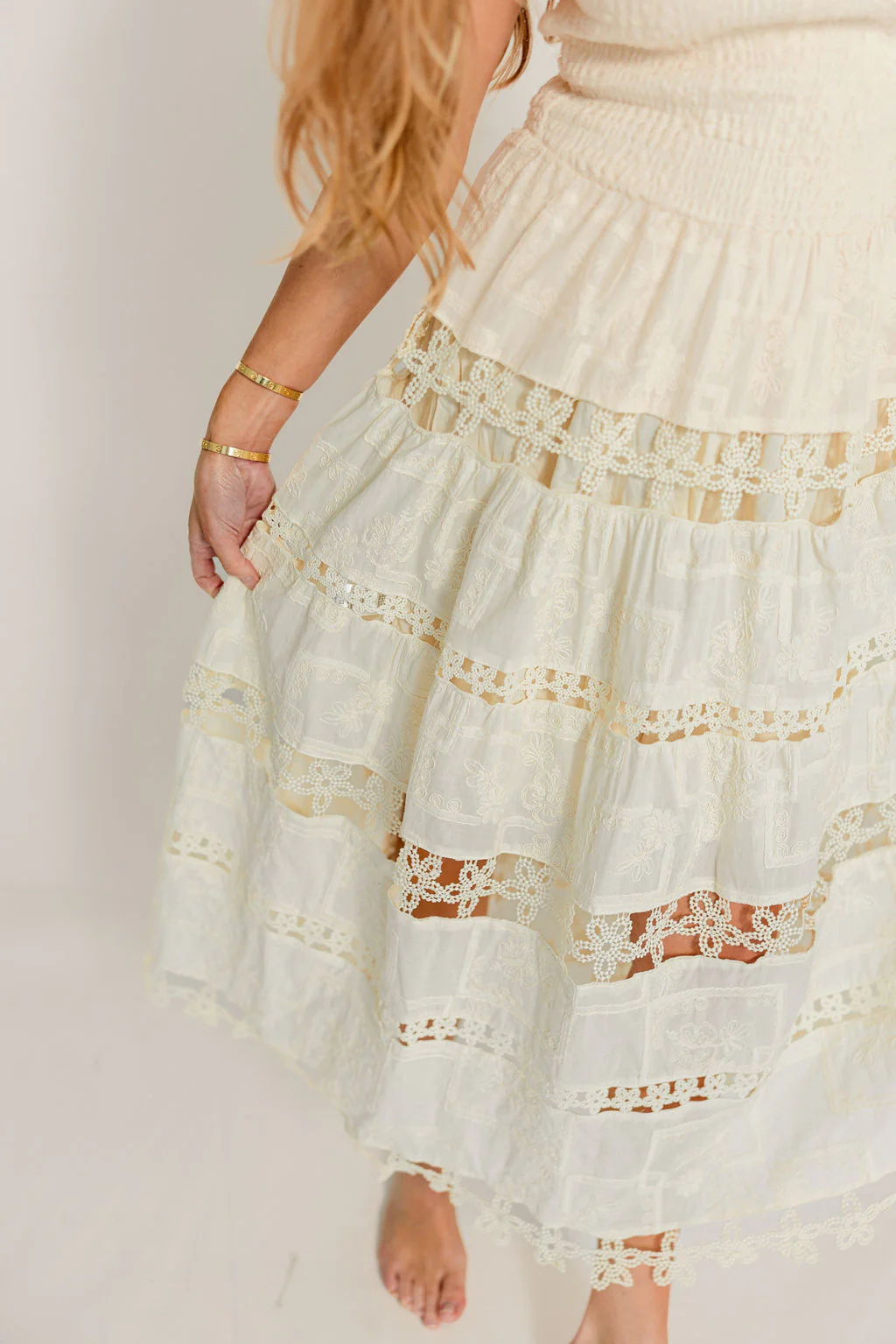 Dianne Cotton Embroidered Patchwork Lace Tube Maxi Dress in Ecru - Image 7