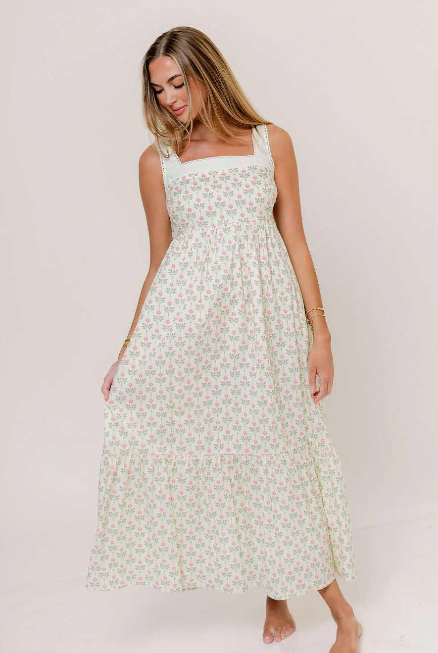 Victoria 100% Cotton Maxi Dress in Cream Rose - Image 2