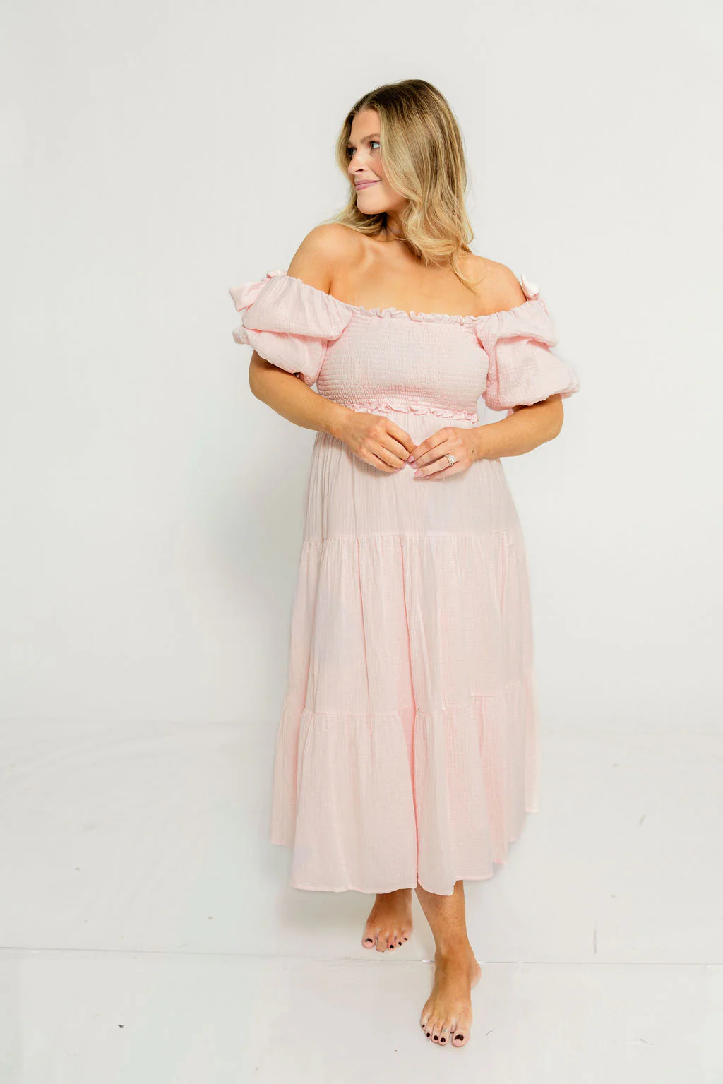 Elena 100% Cotton Midi Dress in Pale Pink - Bump Friendly - Image 11