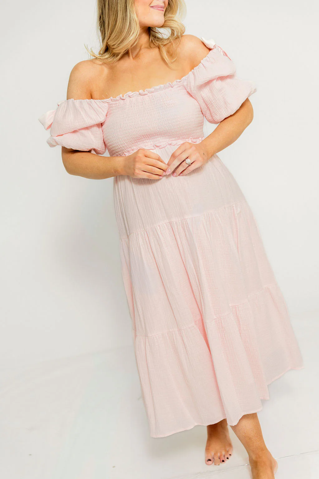 Elena 100% Cotton Midi Dress in Pale Pink - Bump Friendly - Image 12
