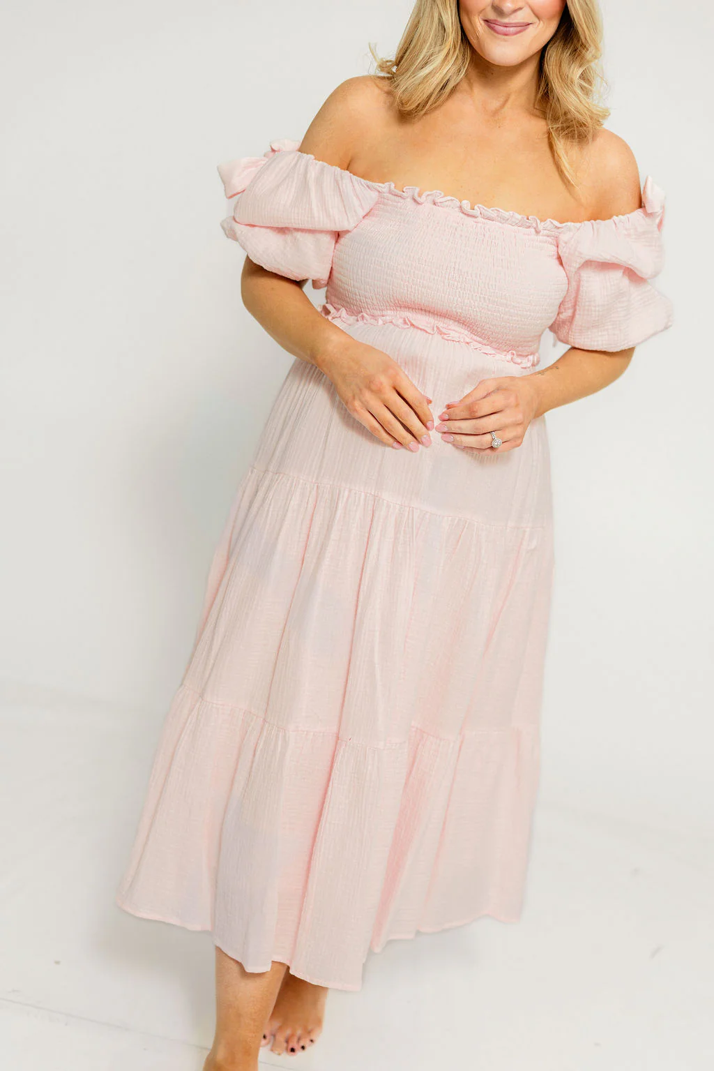 Elena 100% Cotton Midi Dress in Pale Pink - Bump Friendly - Image 13