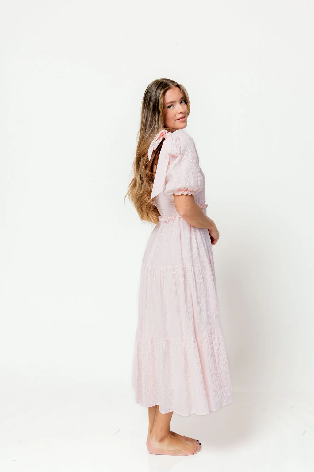 Elena 100% Cotton Midi Dress in Pale Pink - Bump Friendly - Image 3