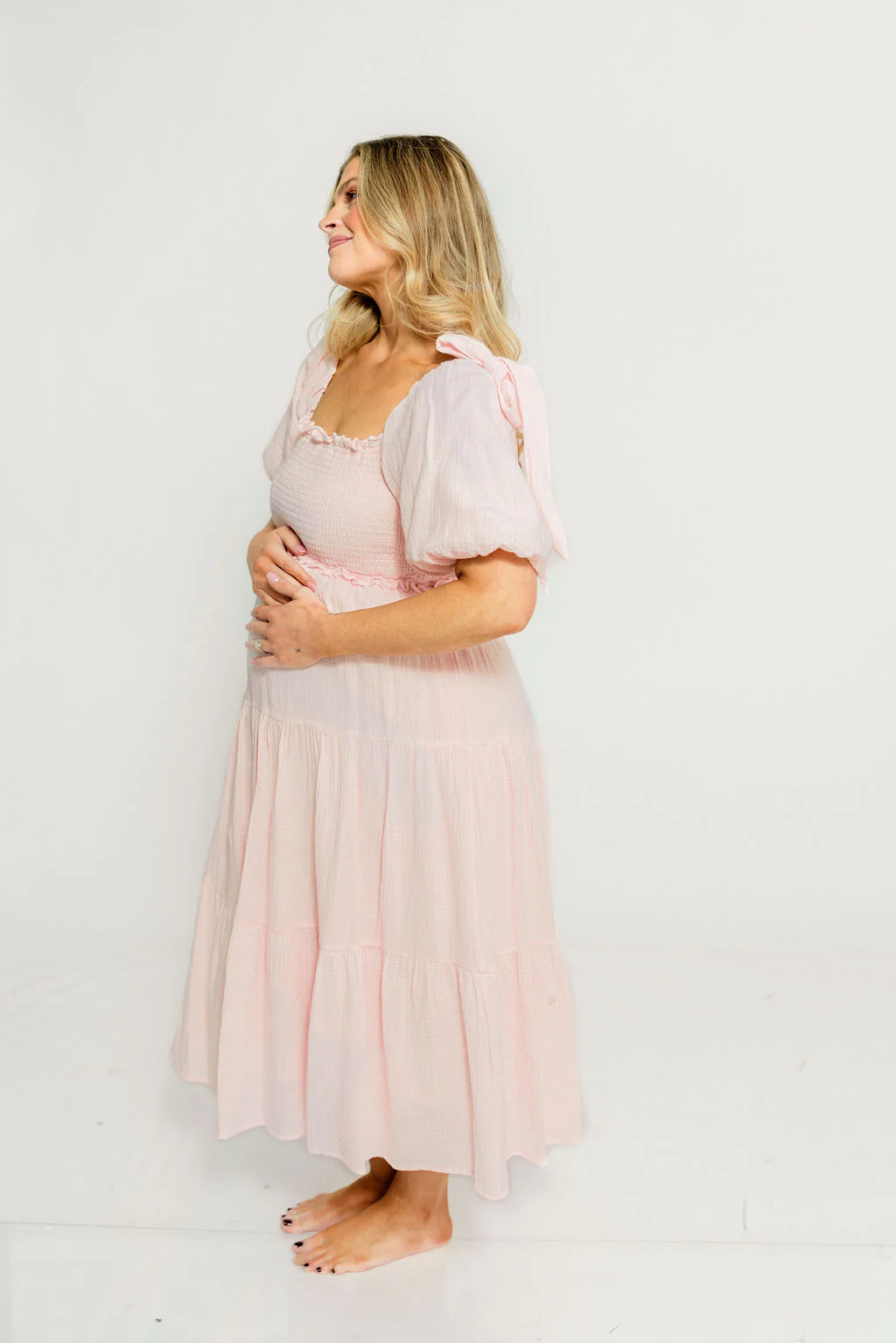 Elena 100% Cotton Midi Dress in Pale Pink - Bump Friendly - Image 9