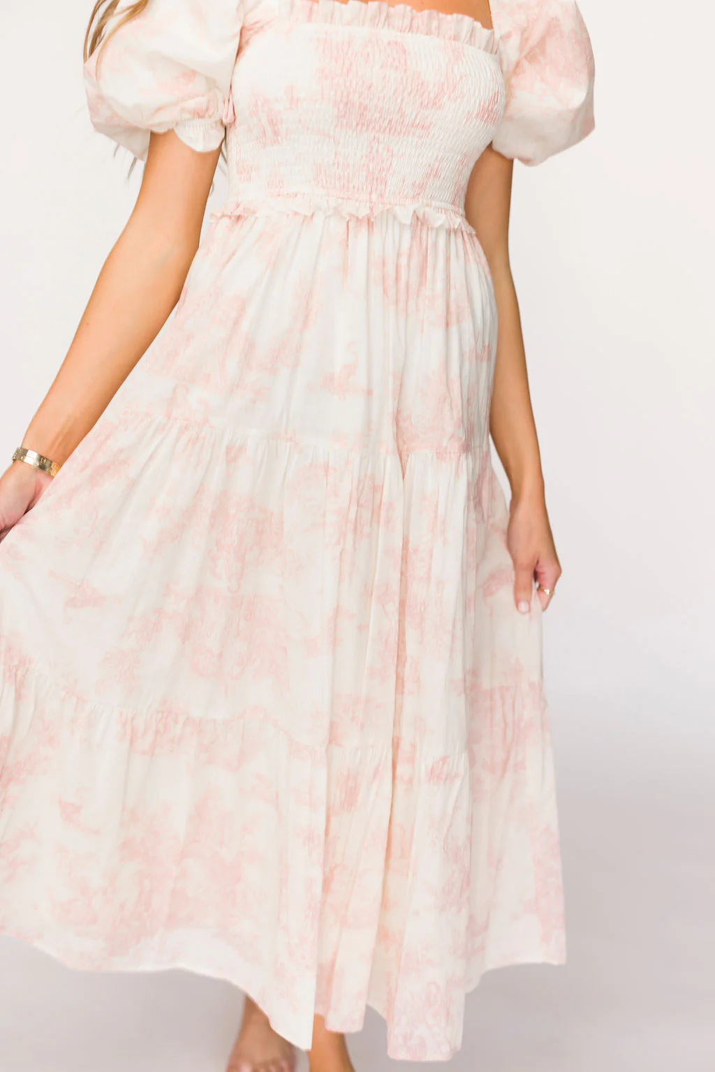 Elena 100% Cotton Toile Print Smocked Midi Dress in Pink - Bump Friendly & Inclusive Sizing - Image 12