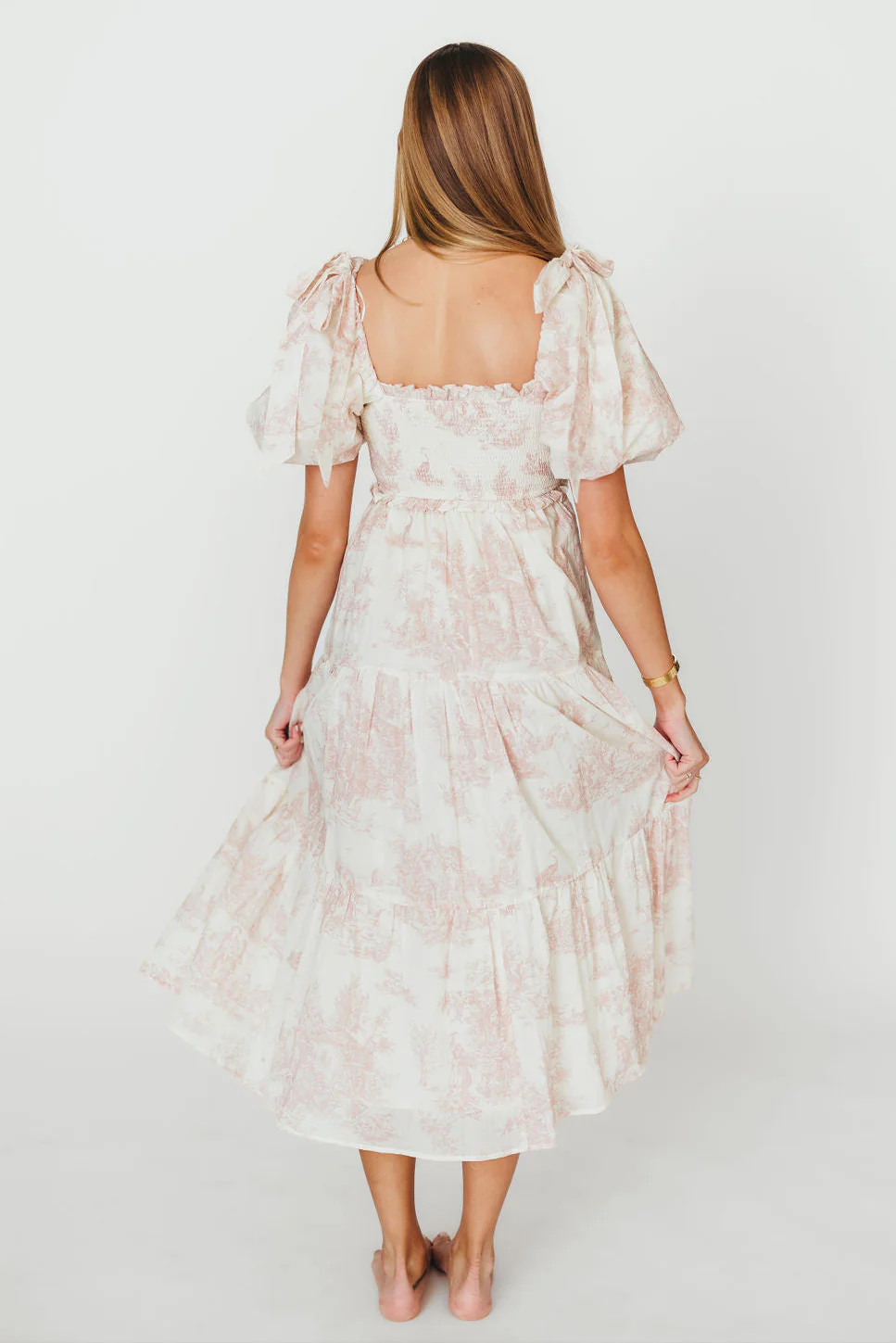 Elena 100% Cotton Toile Print Smocked Midi Dress in Pink - Bump Friendly & Inclusive Sizing - Image 13