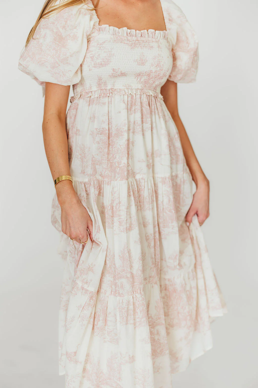 Elena 100% Cotton Toile Print Smocked Midi Dress in Pink - Bump Friendly & Inclusive Sizing - Image 14
