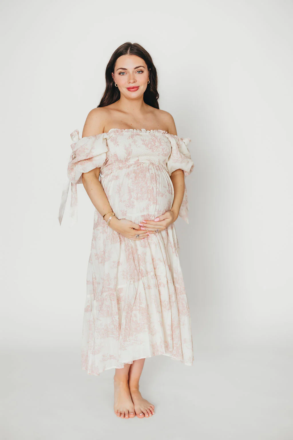 Elena 100% Cotton Toile Print Smocked Midi Dress in Pink - Bump Friendly & Inclusive Sizing - Image 15