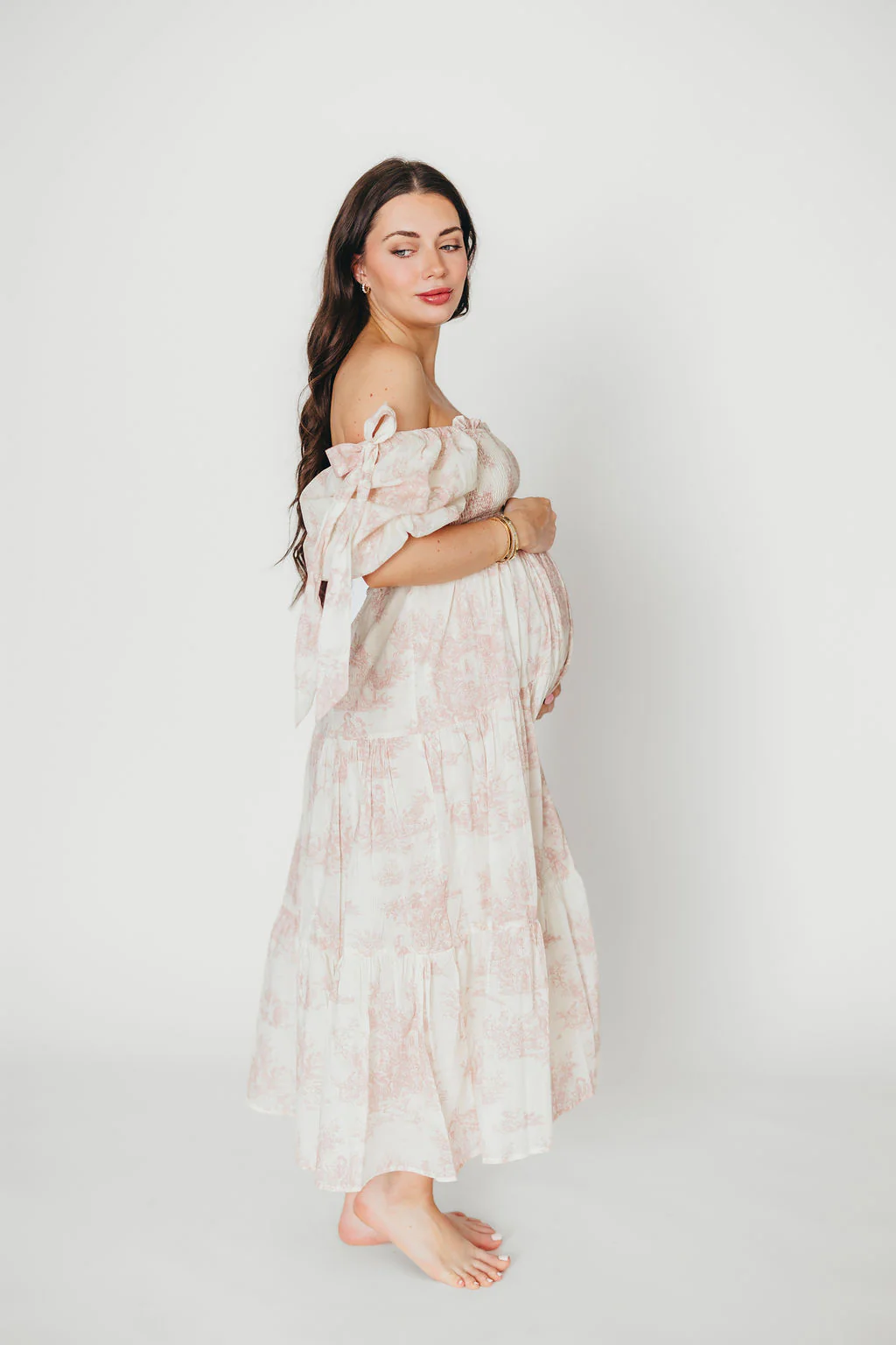 Elena 100% Cotton Toile Print Smocked Midi Dress in Pink - Bump Friendly & Inclusive Sizing - Image 16