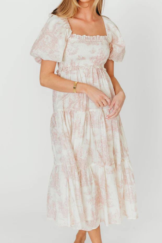 Elena 100% Cotton Toile Print Smocked Midi Dress in Pink - Bump Friendly & Inclusive Sizing - Image 3