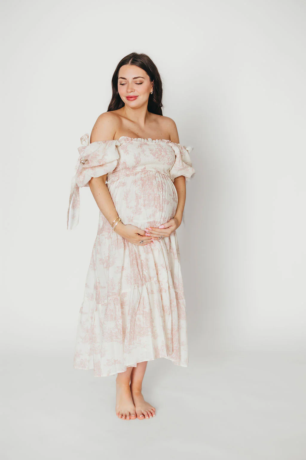 Elena 100% Cotton Toile Print Smocked Midi Dress in Pink - Bump Friendly & Inclusive Sizing - Image 4