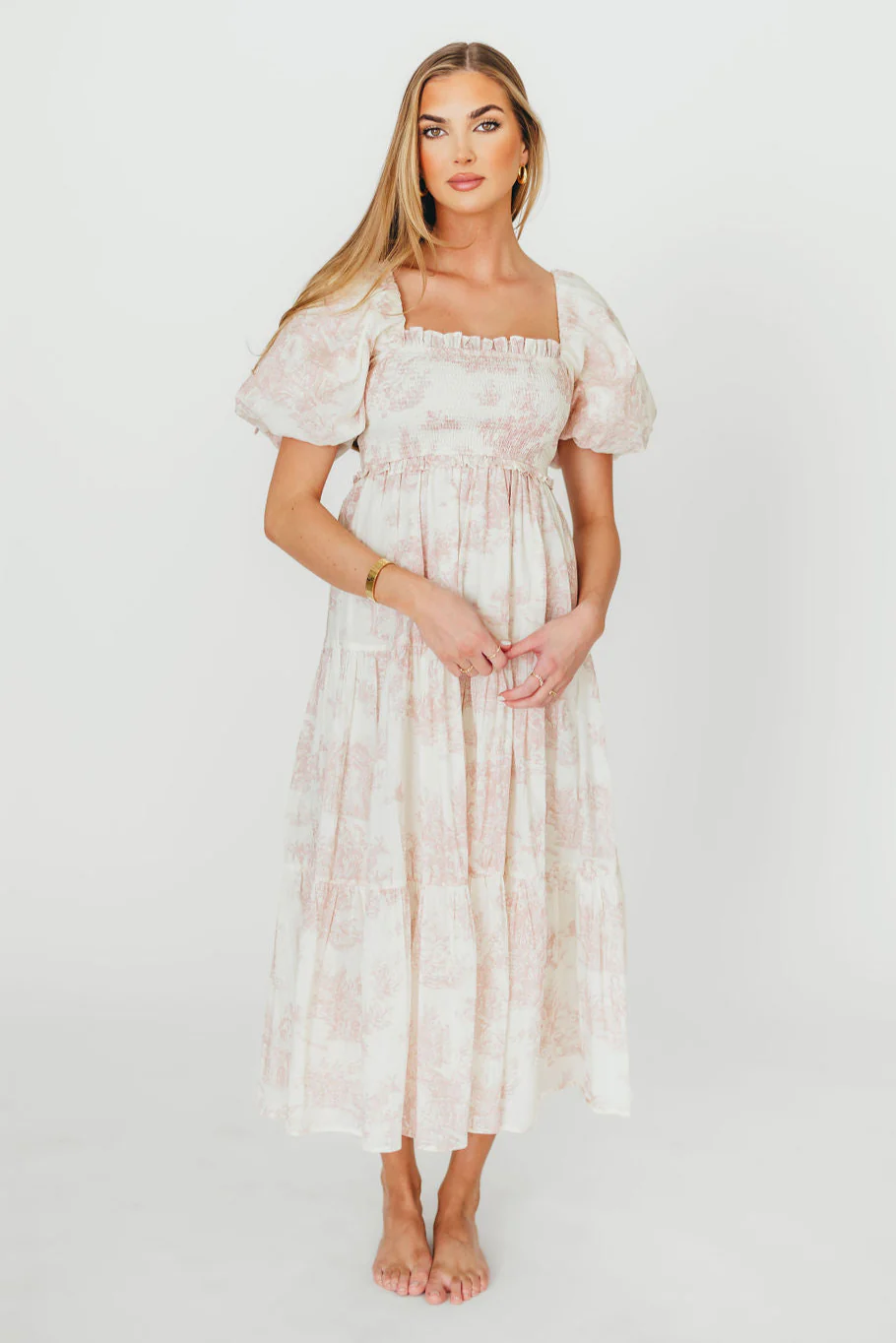 Elena 100% Cotton Toile Print Smocked Midi Dress in Pink - Bump Friendly & Inclusive Sizing - Image 6