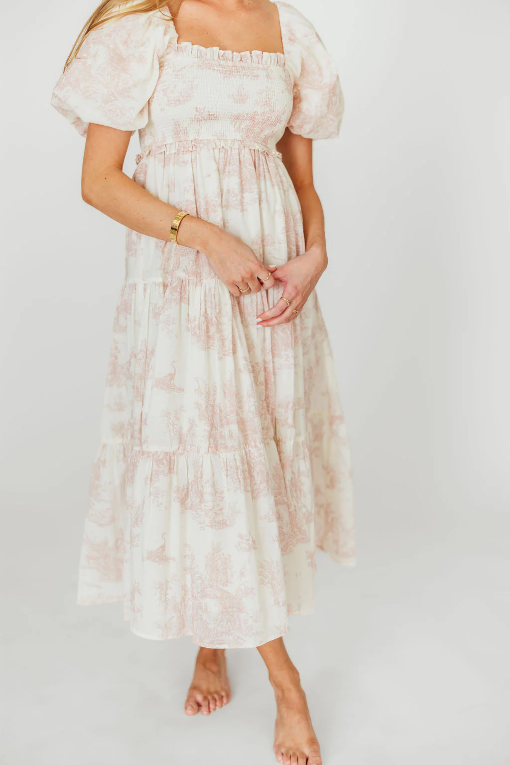 Elena 100% Cotton Toile Print Smocked Midi Dress in Pink - Bump Friendly & Inclusive Sizing - Image 7