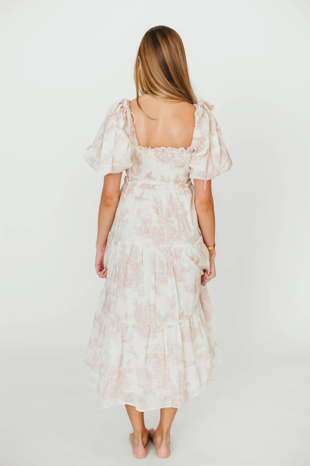 Elena 100% Cotton Toile Print Smocked Midi Dress in Pink - Bump Friendly & Inclusive Sizing - Image 8