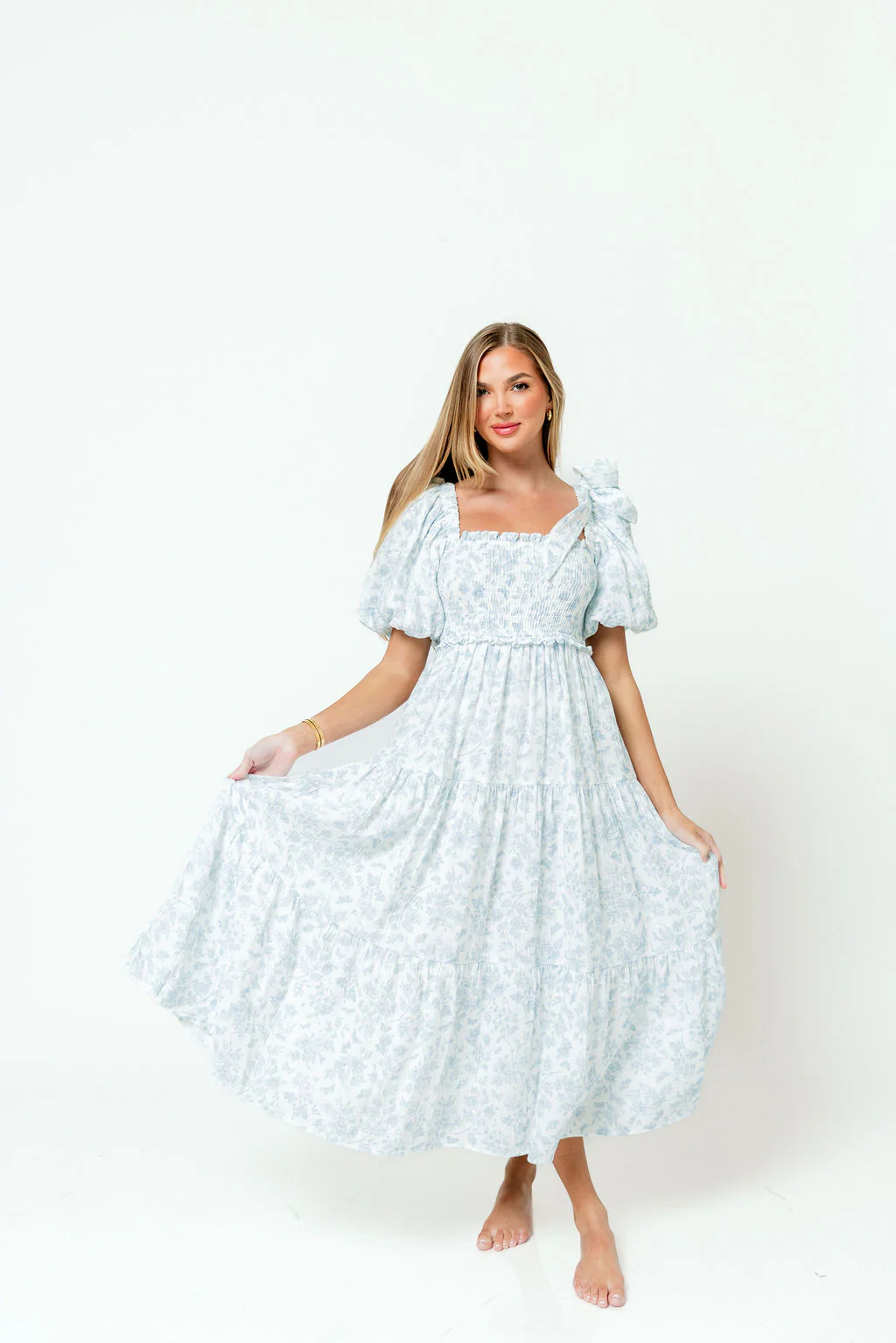 Elena 100% Cotton Midi Dress in Garden Blue - Bump Friendly