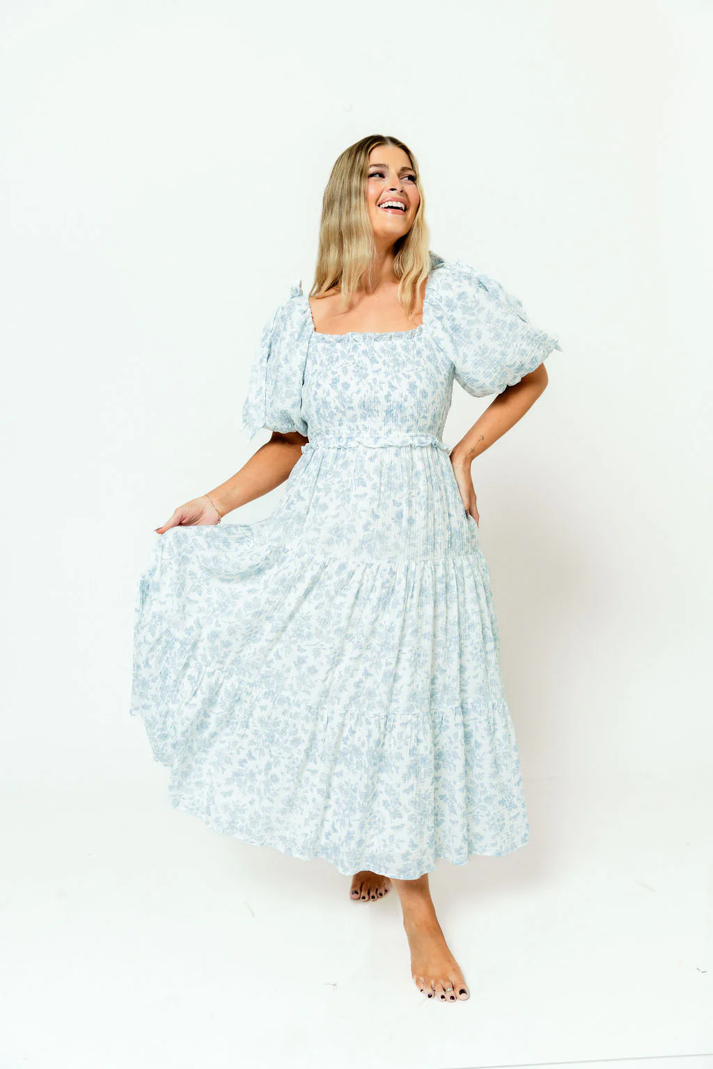 Elena 100% Cotton Midi Dress in Garden Blue - Bump Friendly - Image 10