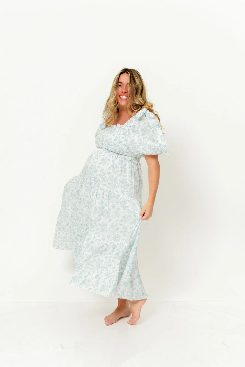 Elena 100% Cotton Midi Dress in Garden Blue - Bump Friendly - Image 15