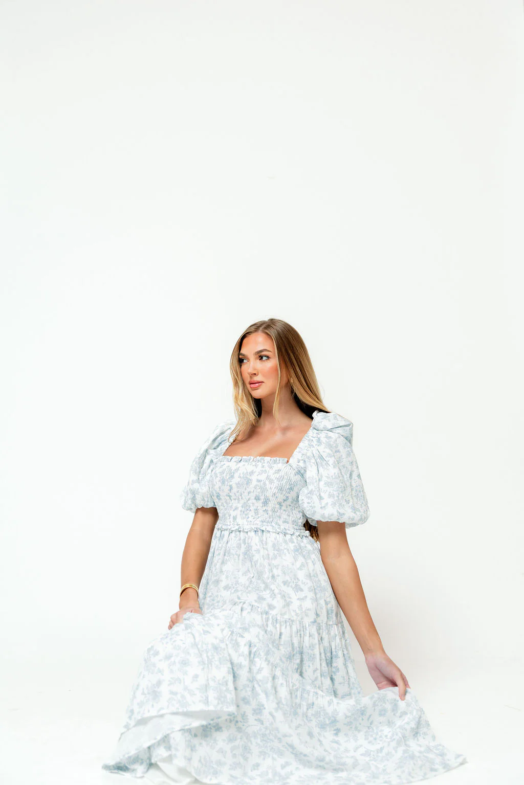 Elena 100% Cotton Midi Dress in Garden Blue - Bump Friendly - Image 2