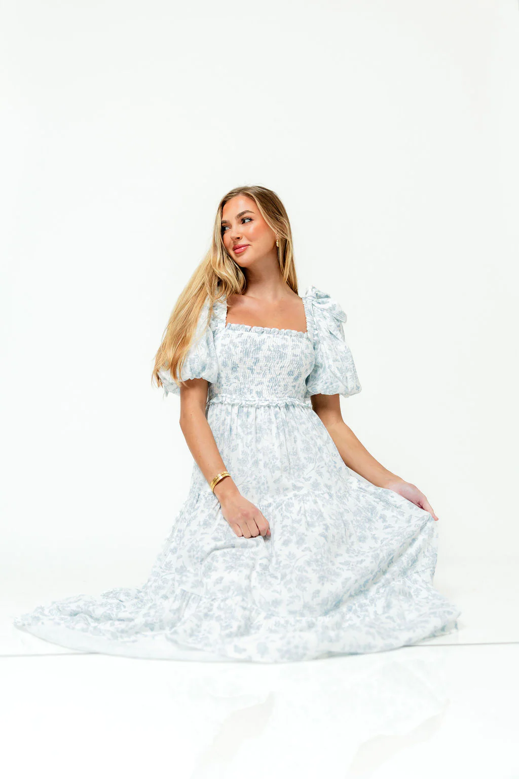 Elena 100% Cotton Midi Dress in Garden Blue - Bump Friendly - Image 5
