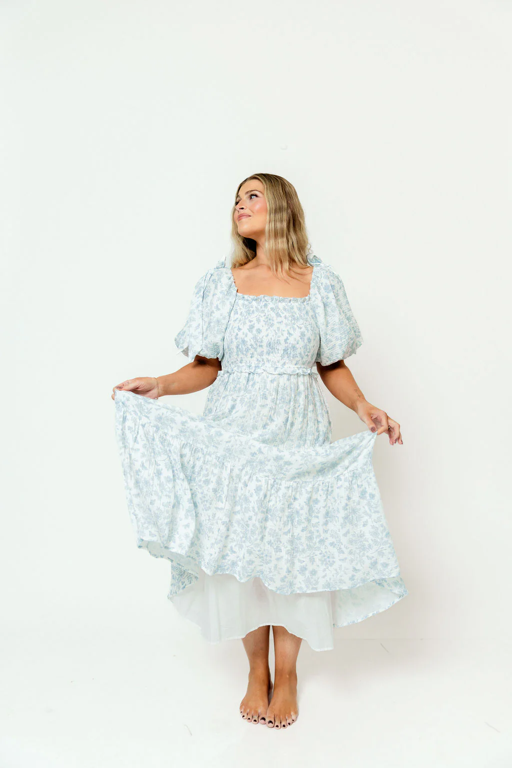Elena 100% Cotton Midi Dress in Garden Blue - Bump Friendly - Image 9
