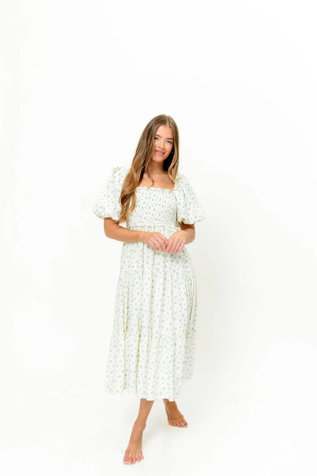 Elena Midi Dress in Cream/Blue Tiny Floral - Bump Friendly & Inclusive Sizing - Image 10