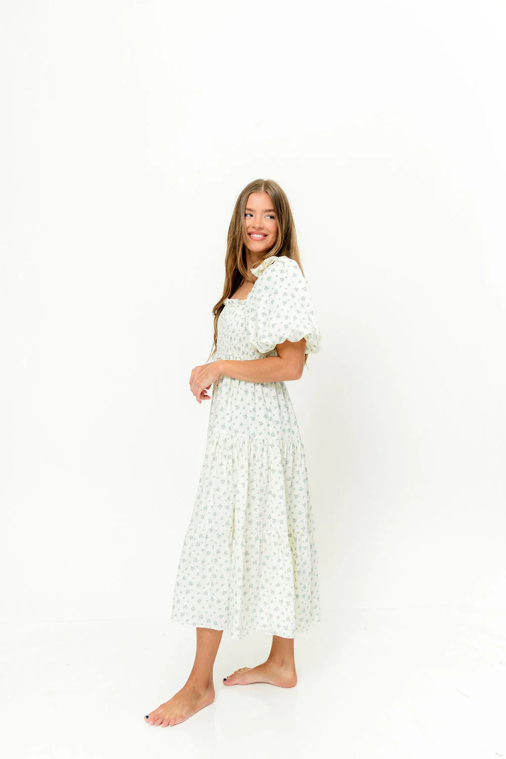 Elena Midi Dress in Cream/Blue Tiny Floral - Bump Friendly & Inclusive Sizing - Image 11