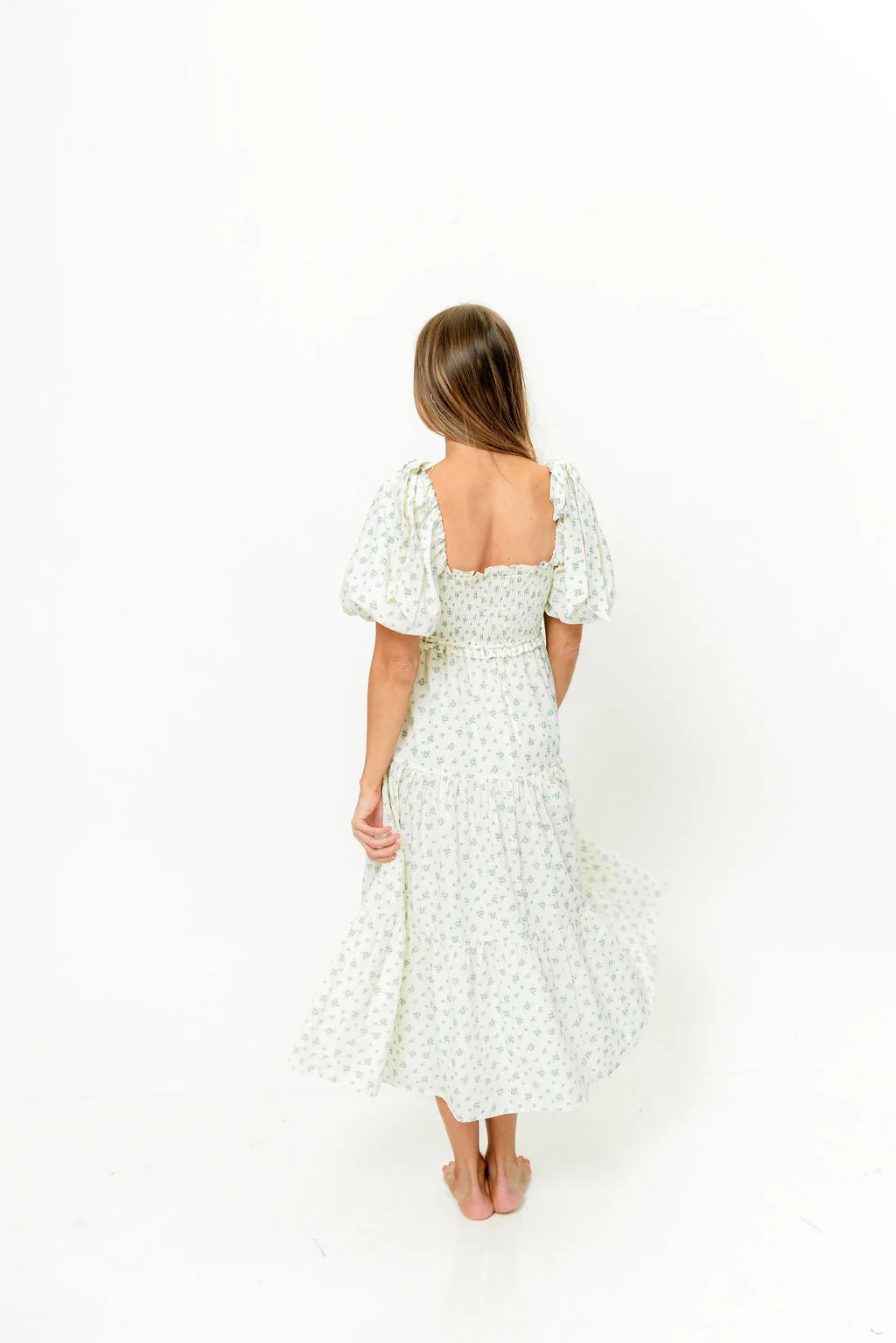 Elena Midi Dress in Cream/Blue Tiny Floral - Bump Friendly & Inclusive Sizing - Image 12