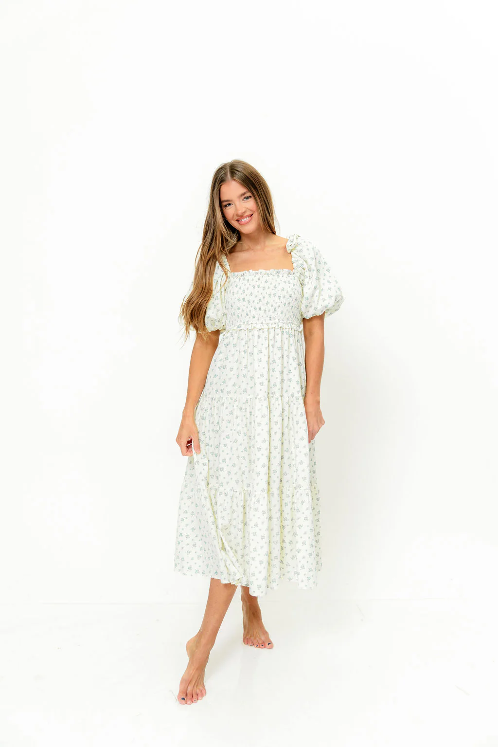 Elena Midi Dress in Cream/Blue Tiny Floral - Bump Friendly & Inclusive Sizing - Image 13