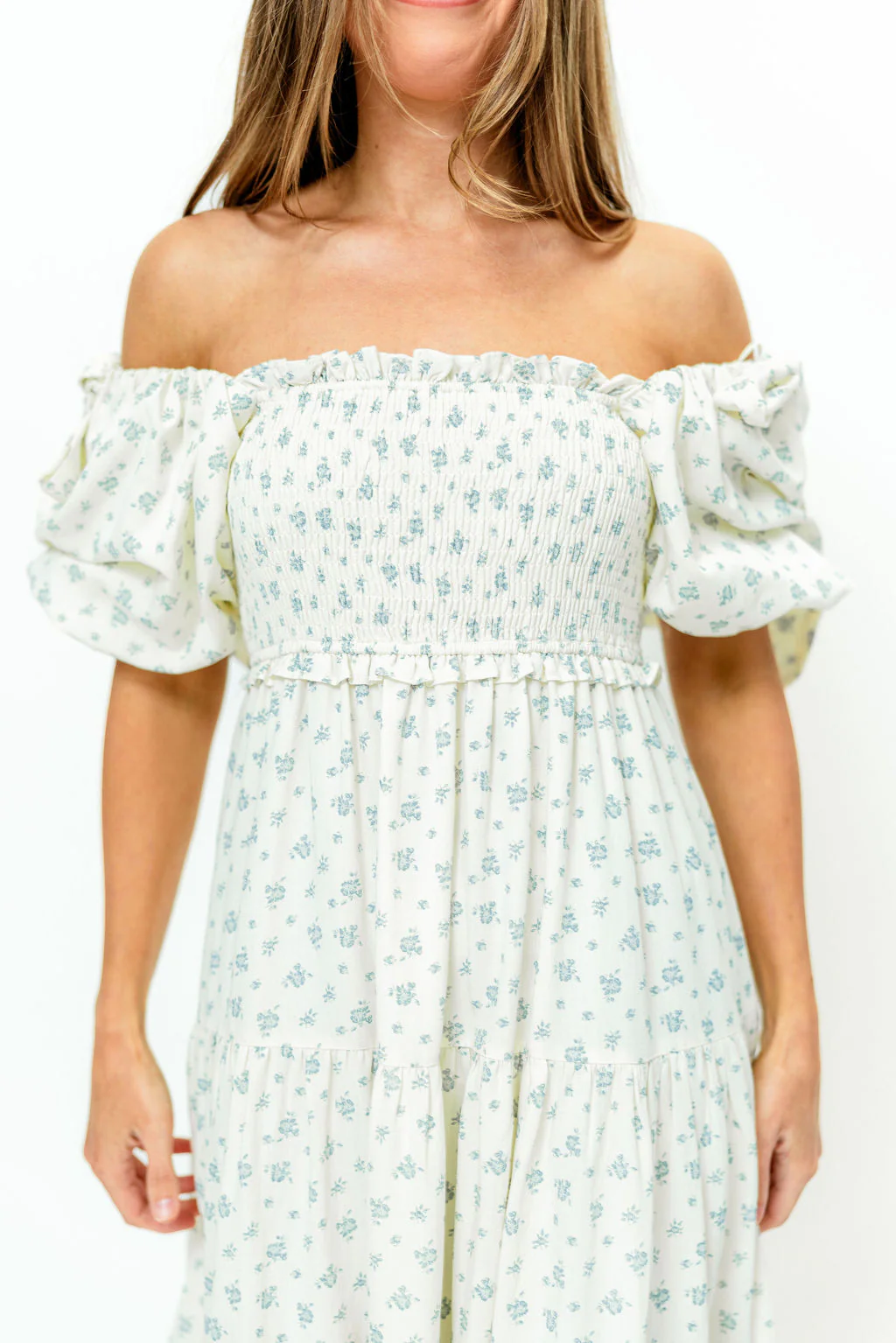 Elena Midi Dress in Cream/Blue Tiny Floral - Bump Friendly & Inclusive Sizing - Image 14