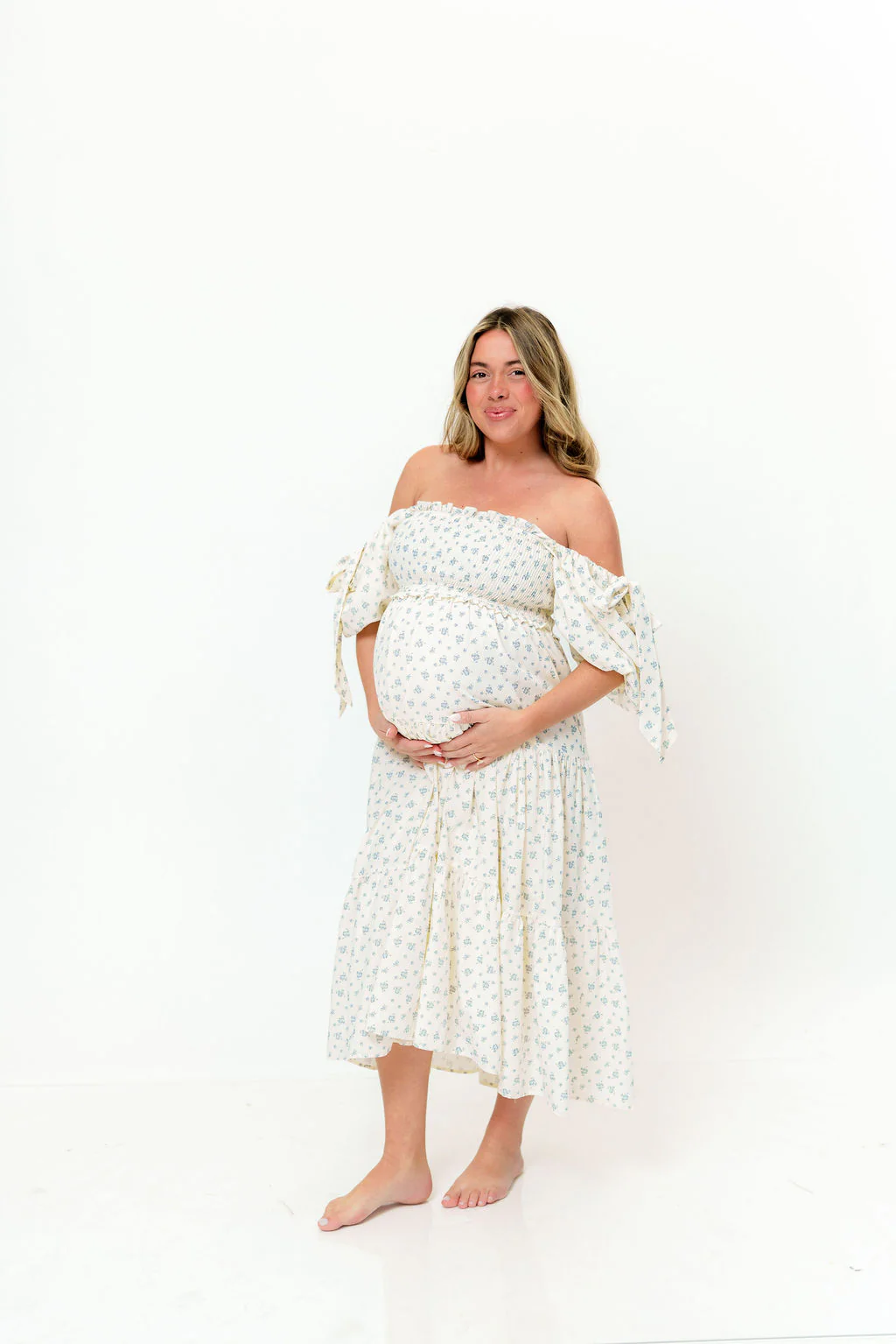 Elena Midi Dress in Cream/Blue Tiny Floral - Bump Friendly & Inclusive Sizing - Image 15