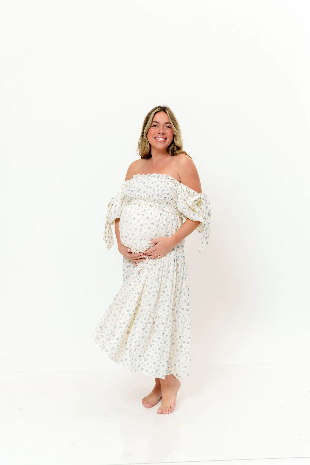 Elena Midi Dress in Cream/Blue Tiny Floral - Bump Friendly & Inclusive Sizing - Image 16