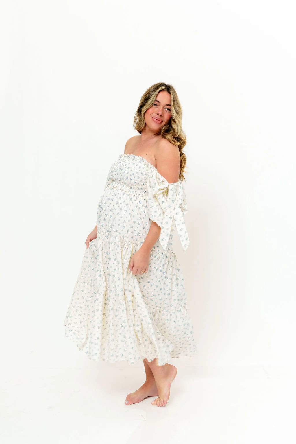 Elena Midi Dress in Cream/Blue Tiny Floral - Bump Friendly & Inclusive Sizing - Image 22