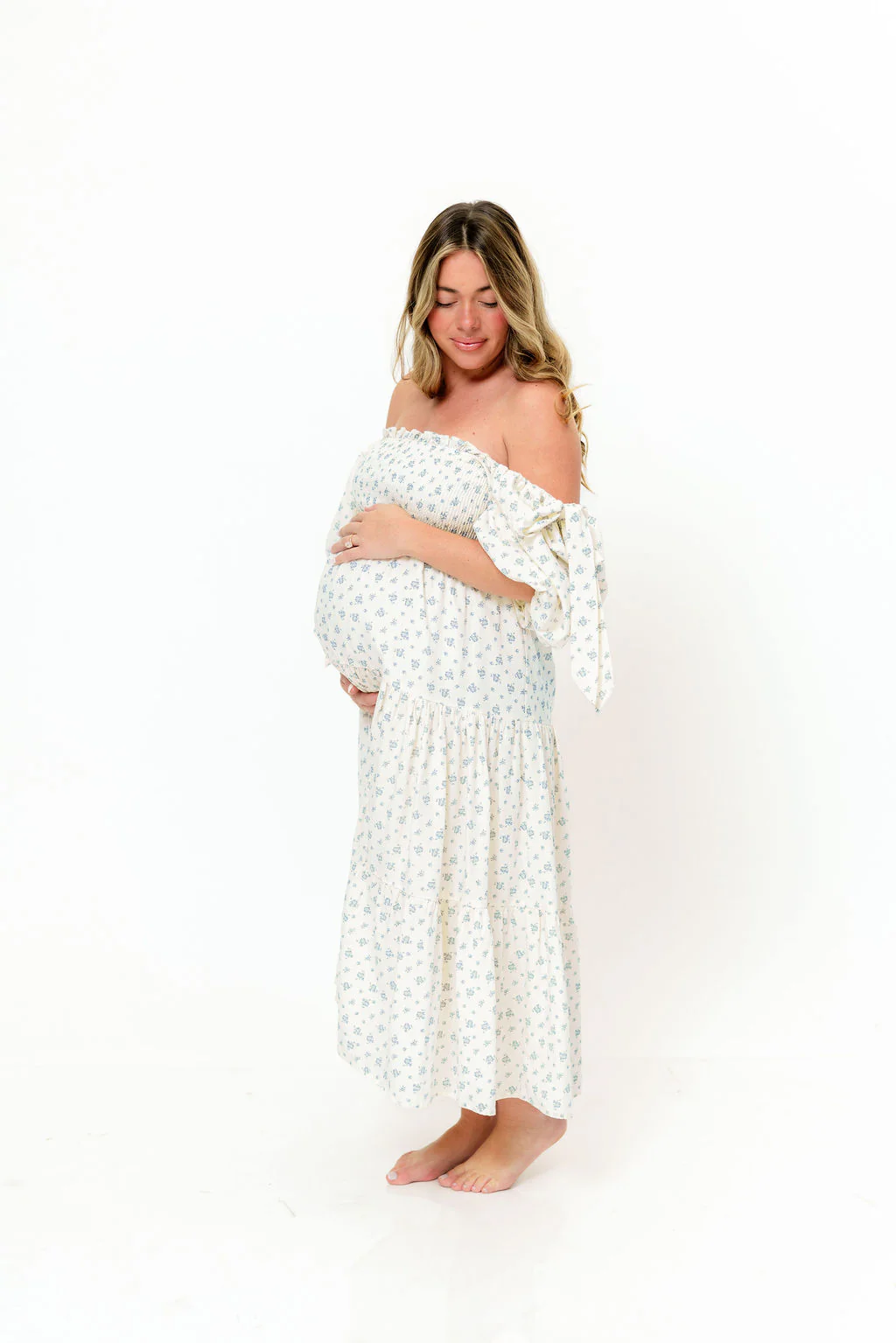 Elena Midi Dress in Cream/Blue Tiny Floral - Bump Friendly & Inclusive Sizing - Image 3