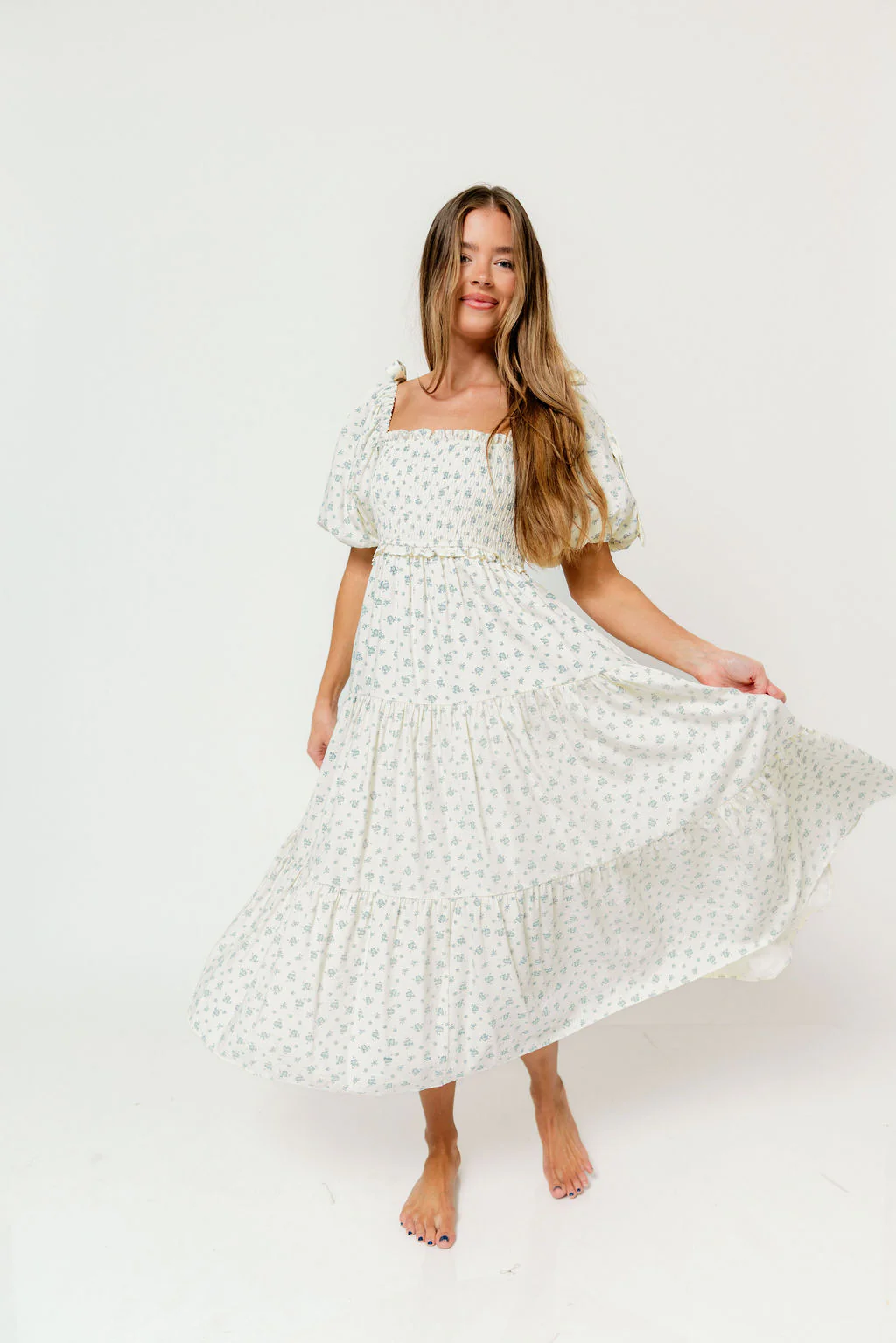 Elena Midi Dress in Cream/Blue Tiny Floral - Bump Friendly & Inclusive Sizing - Image 5