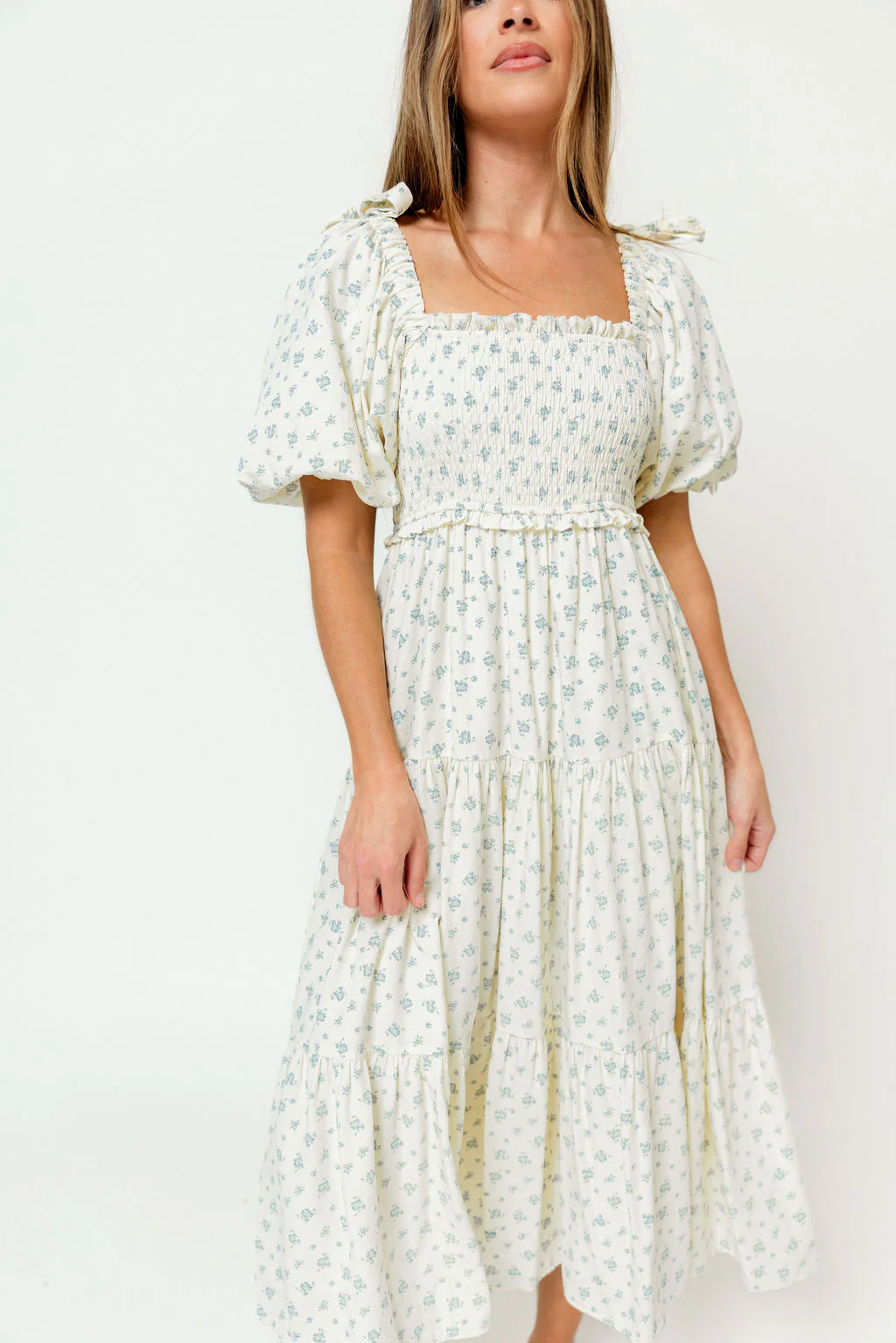 Elena Midi Dress in Cream/Blue Tiny Floral - Bump Friendly & Inclusive Sizing - Image 6