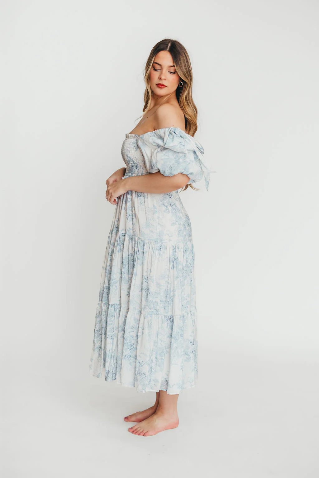 Elena Floral Print Smocked Midi Dress in Blue - Bump Friendly & Inclusive Sizing - Image 10