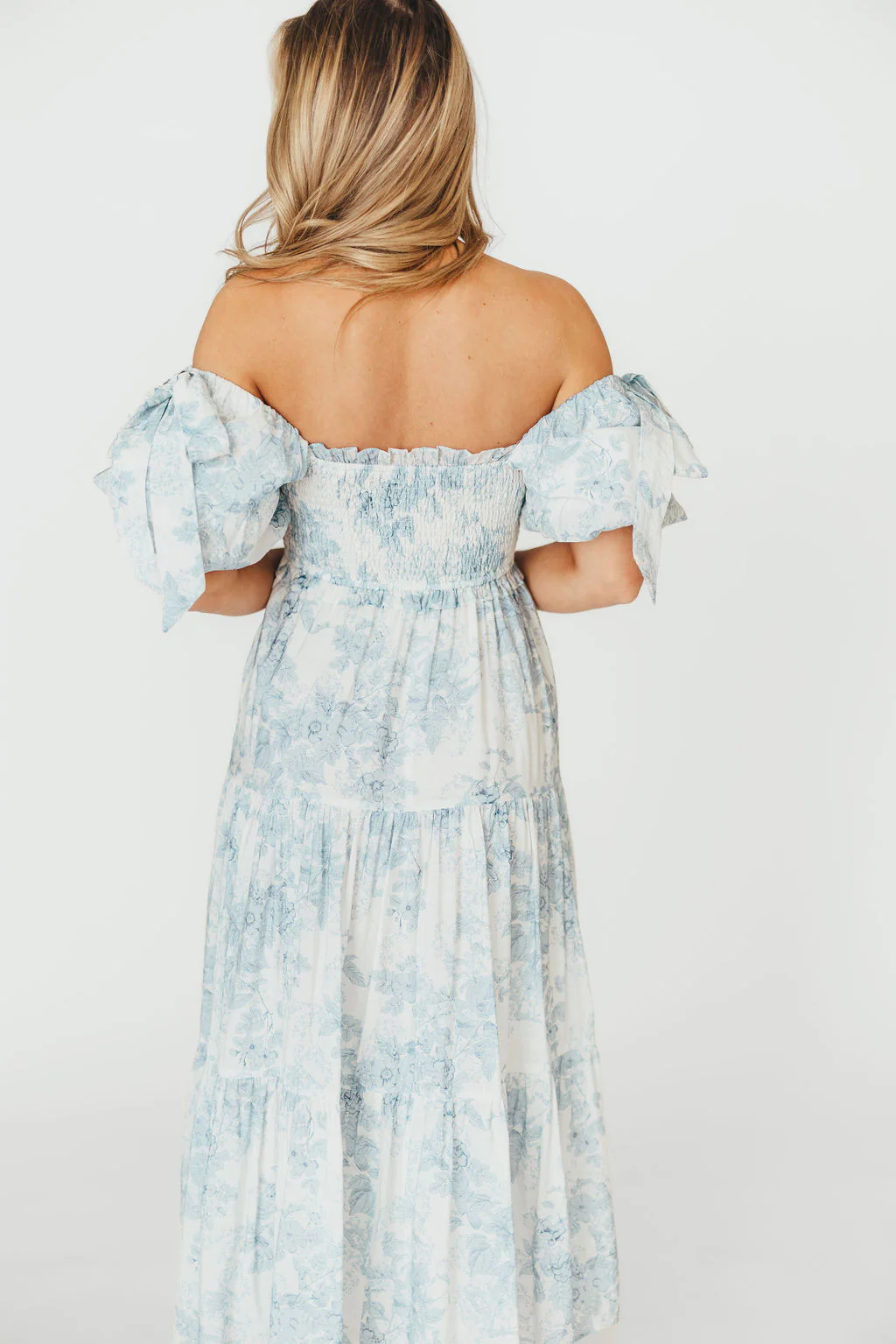 Elena Floral Print Smocked Midi Dress in Blue - Bump Friendly & Inclusive Sizing - Image 11