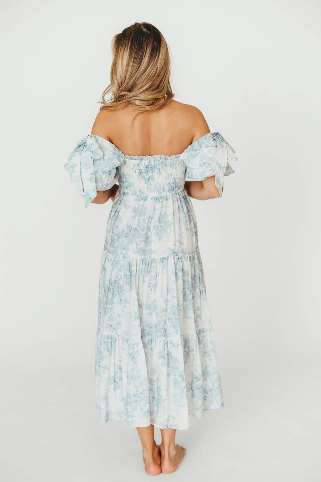 Elena Floral Print Smocked Midi Dress in Blue - Bump Friendly & Inclusive Sizing - Image 12