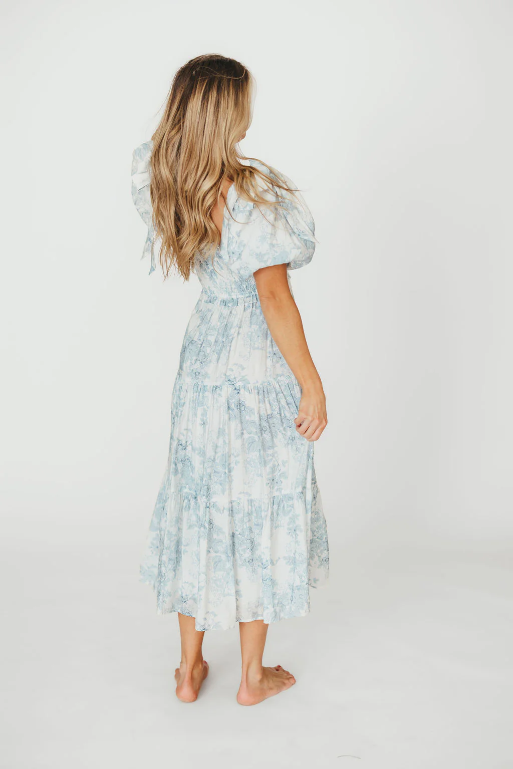 Elena Floral Print Smocked Midi Dress in Blue - Bump Friendly & Inclusive Sizing - Image 13
