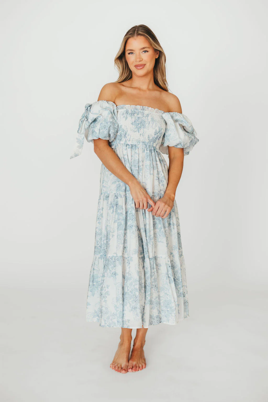 Elena Floral Print Smocked Midi Dress in Blue - Bump Friendly & Inclusive Sizing - Image 14