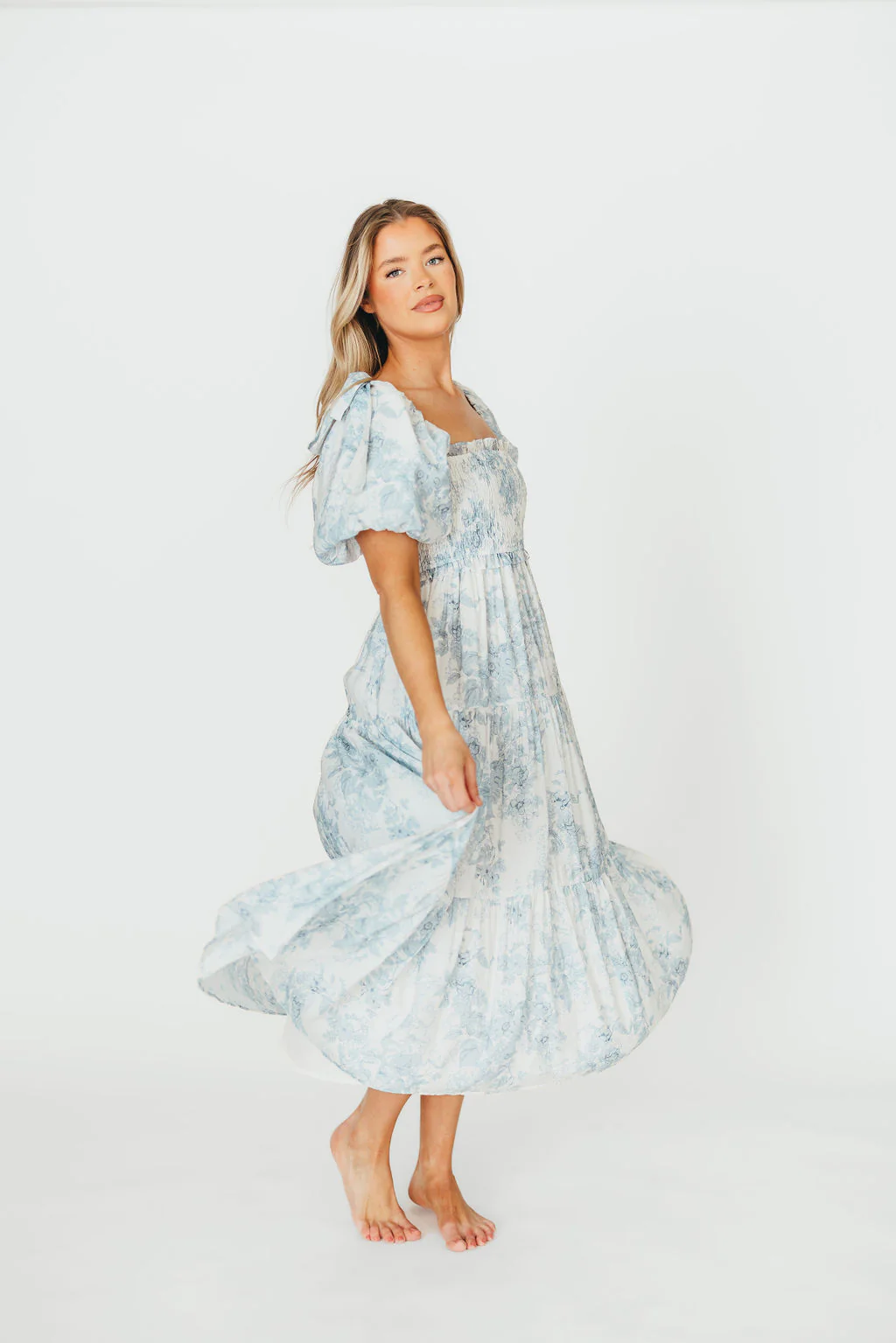 Elena Floral Print Smocked Midi Dress in Blue - Bump Friendly & Inclusive Sizing - Image 15