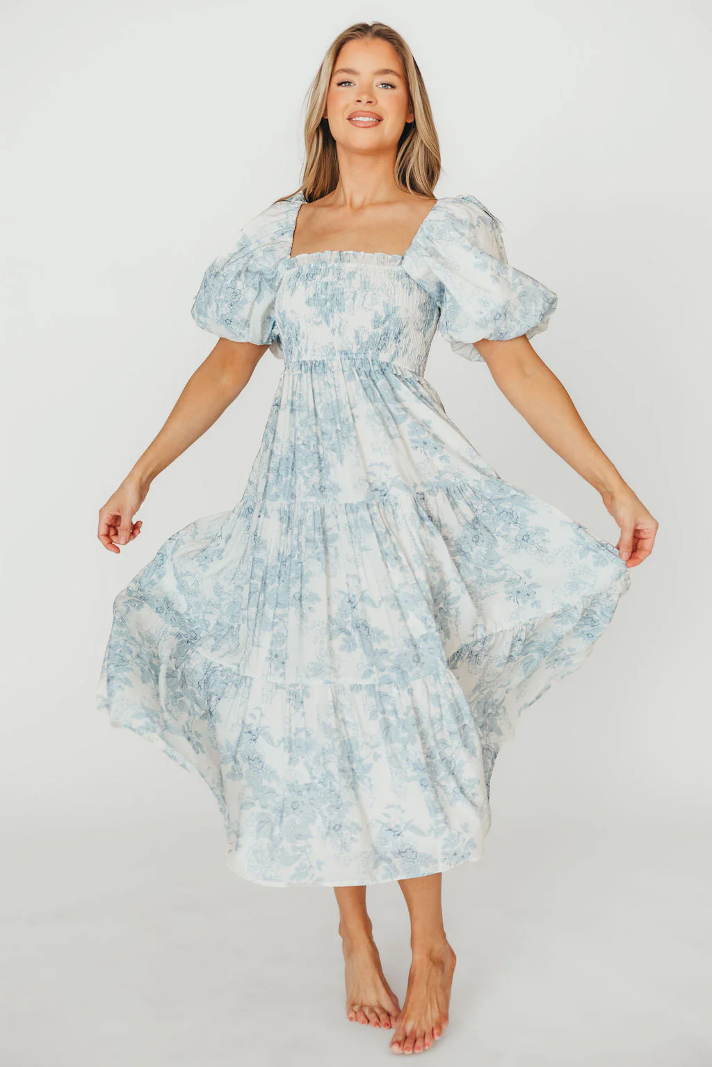 Elena Floral Print Smocked Midi Dress in Blue - Bump Friendly & Inclusive Sizing - Image 16